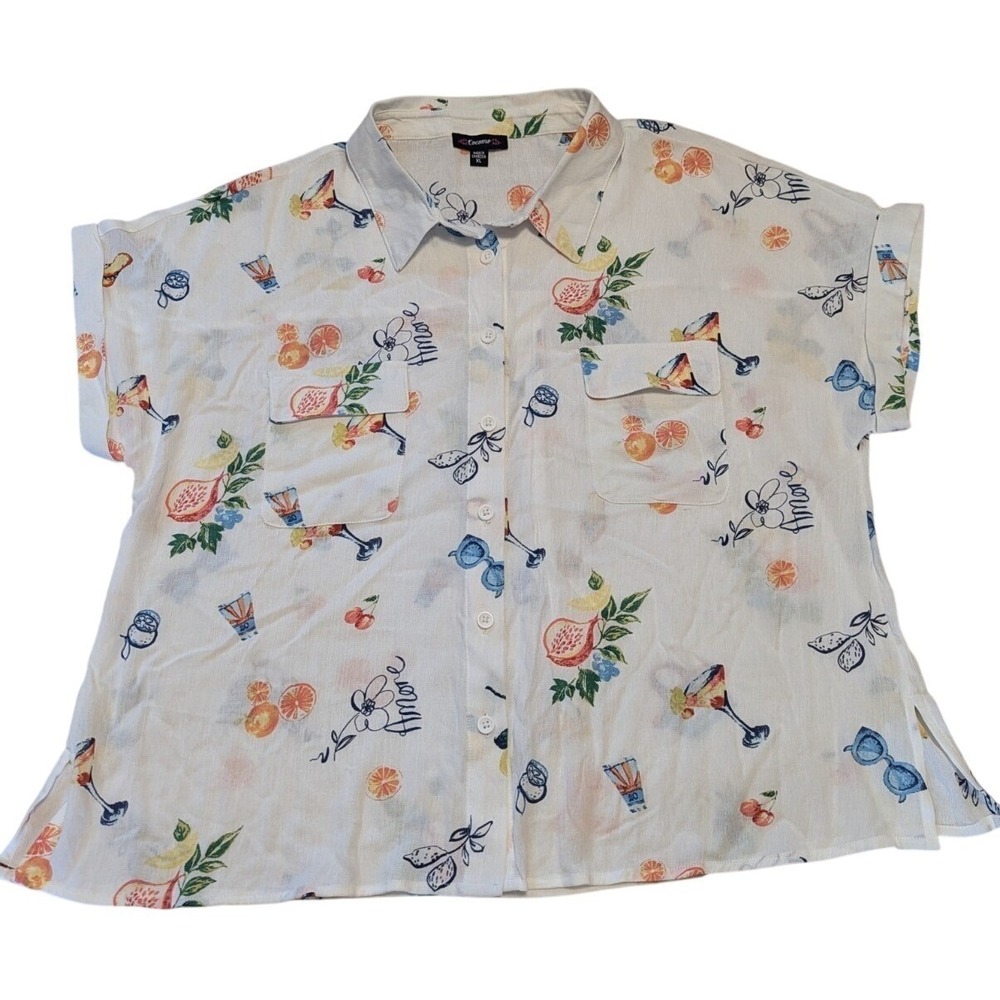 Cocomo Button Front Blouse Sz XL Alcohol Mixed Drink Beach Resort Vacation Gauzy